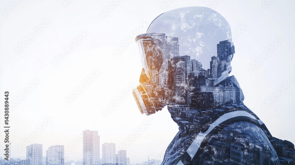Protective engineer observes urban landscape through double exposure Generative AI