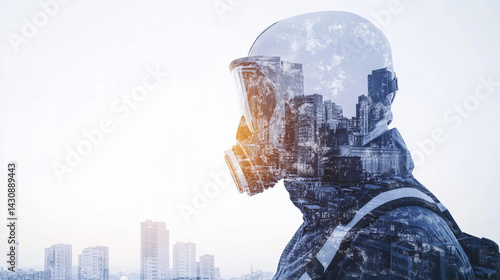 Obraz na płótnie Protective engineer observes urban landscape through double exposure Generative AI w salonie