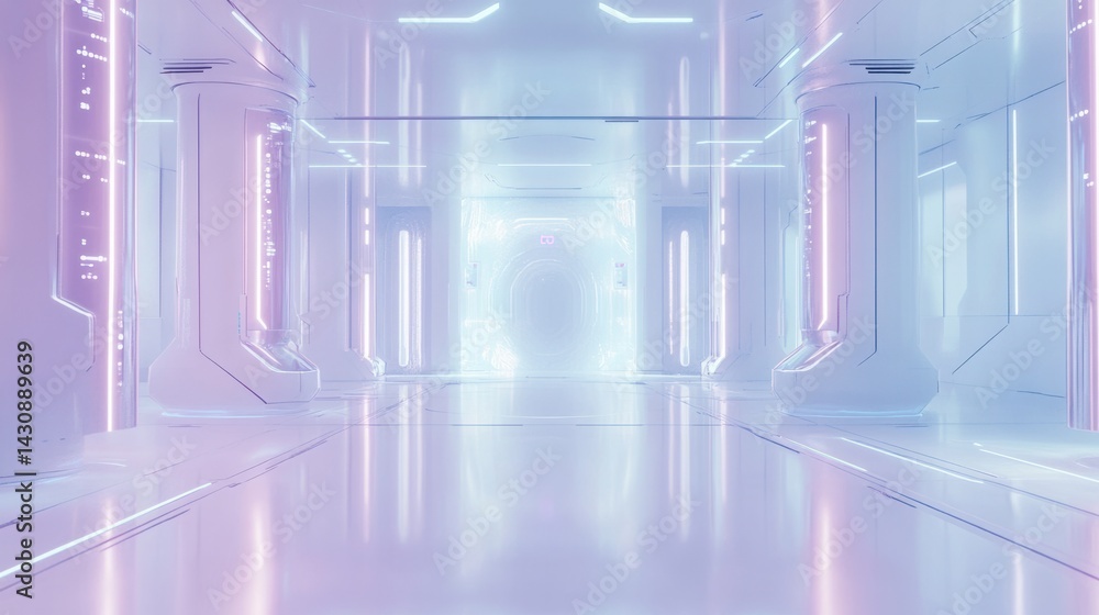 Fototapeta premium Futuristic Hallway with Neon Lights and Sleek Modern Design