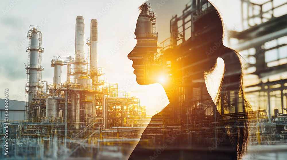 Woman in labor amid industrial landscape at sunset Generative AI
