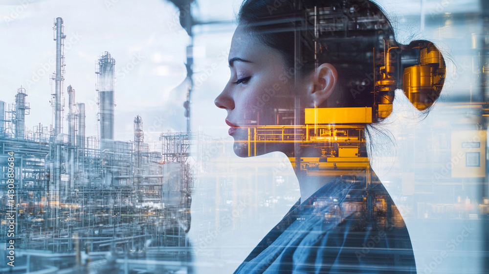 Woman contemplating labor in an industrial setting Generative AI