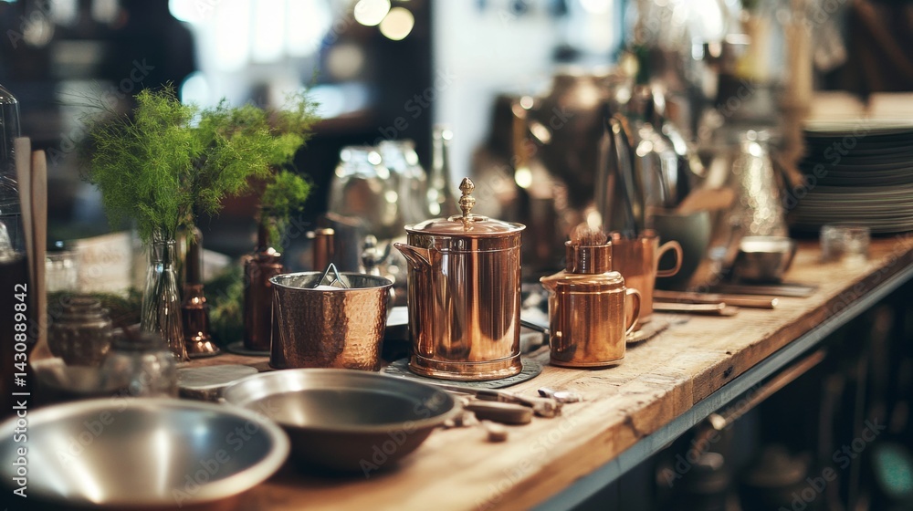 Fototapeta premium Copper utensils on wooden bar counter