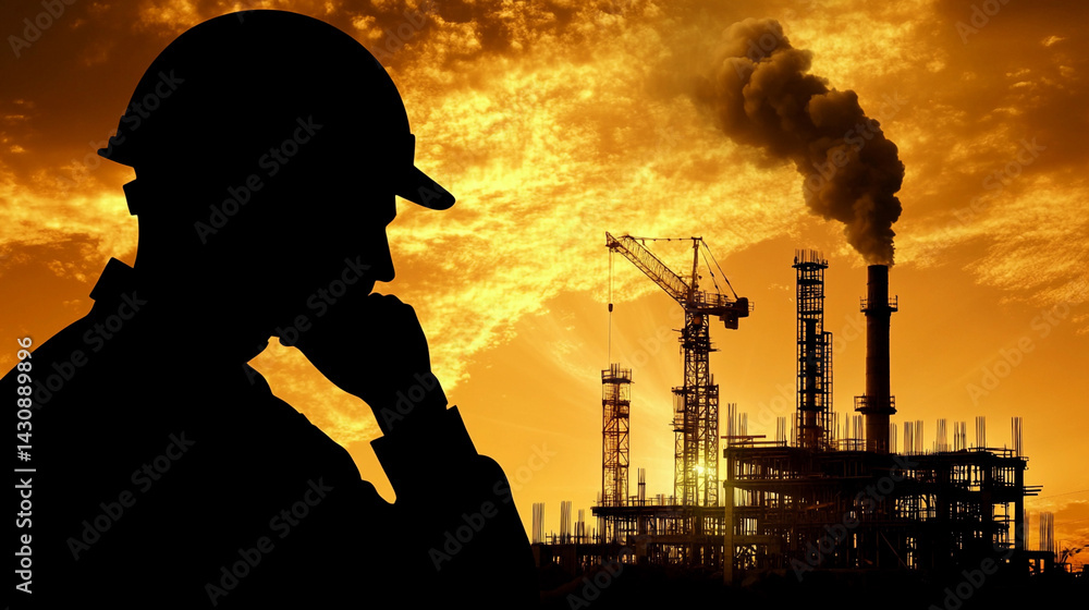 Engineer silhouette contemplating future in industrial setting Generative AI