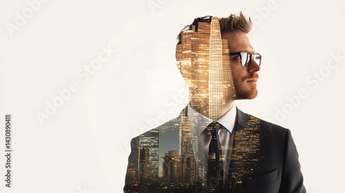 Professional man in suit with city skyline overlay Generative AI