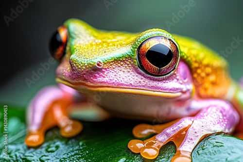 Obraz na płótnie colorful frog on a leaf, close up of a rainforest amphibian w salonie