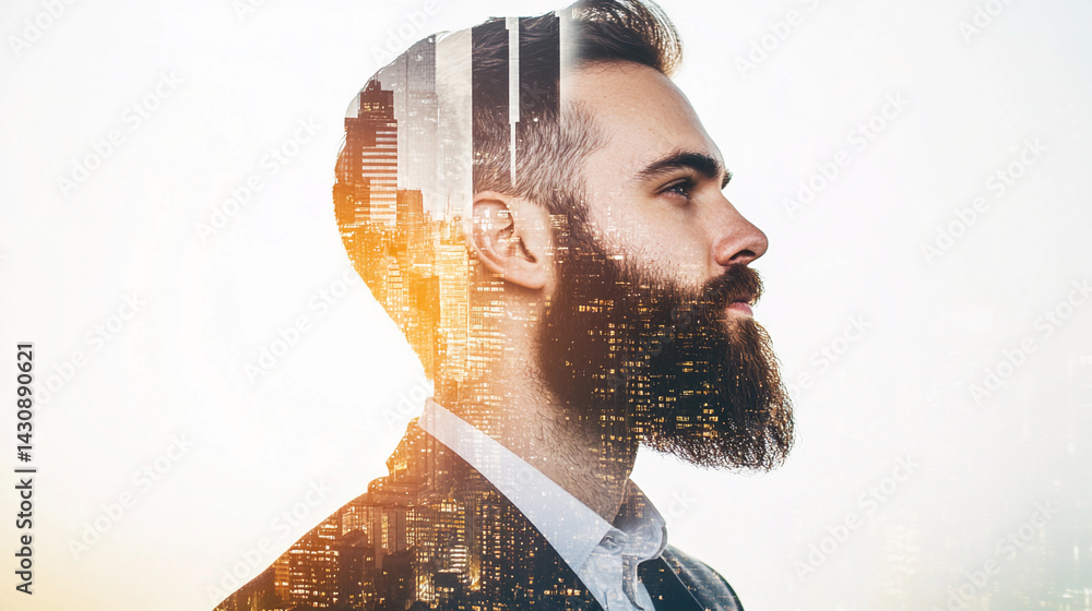 Young businessman with double exposure in urban setting Generative AI