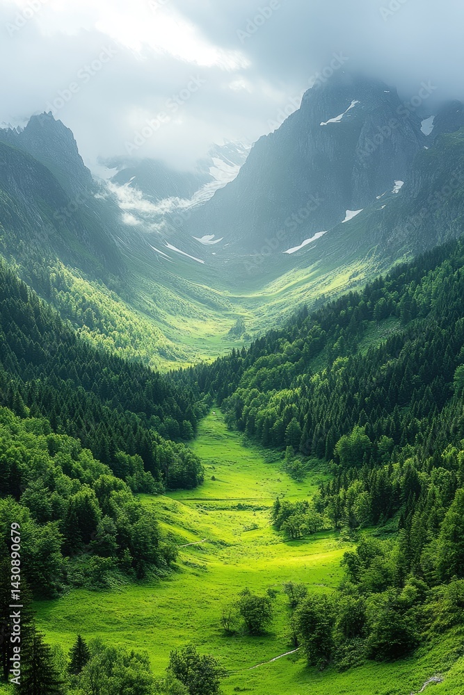 Green valley with trees and mountains under cloudy sky.