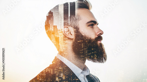 Obraz na płótnie Young businessman with double exposure in urban setting Generative AI w salonie