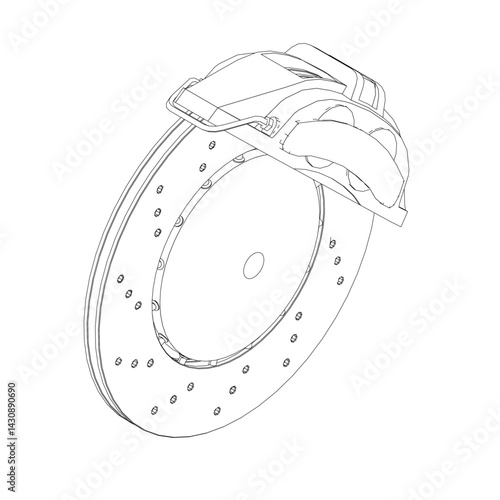 A drawing of a car with a brake disc. The drawing is in black and white. The brake disc is shown in detail, with the spokes of the disc clearly visible. The drawing conveys a sense of precision