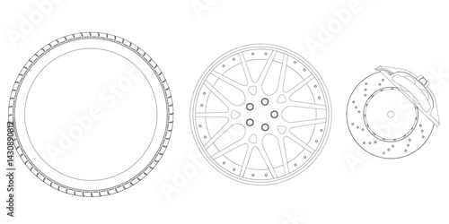 A tire is shown with a rim and a brake. The tire is black and the rim is silver. The brake is shown as a small part of the tire. Isometric view