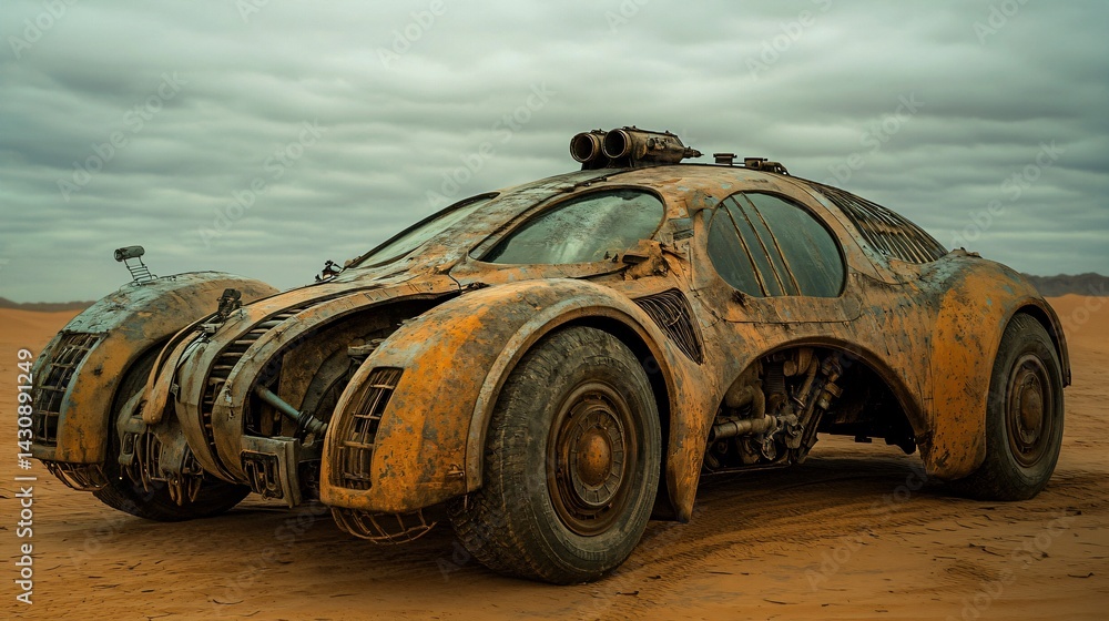 crazy futuristic car in the desert, post-apocalyptic 4x4 off road vehicle