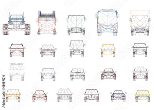 A series of car drawings with different colors and shapes. The drawings are all different sizes and styles, but they all have a similar theme of cars. Front view