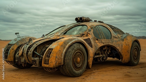 Obraz na płótnie crazy futuristic car in the desert, post-apocalyptic 4x4 off road vehicle w salonie