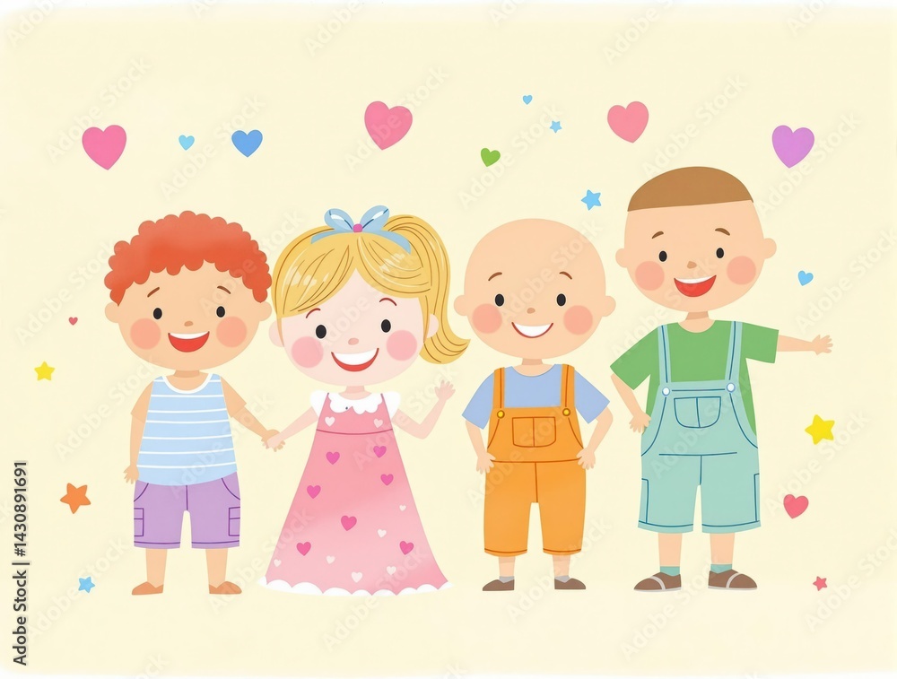 Four children are holding hands and smiling Four children are holding hands and smiling