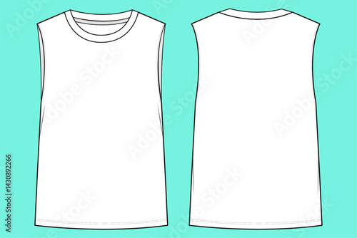 Cotton-jersey summer tank top technical fashion flat sketch Outline CAD mockup template front and back views.