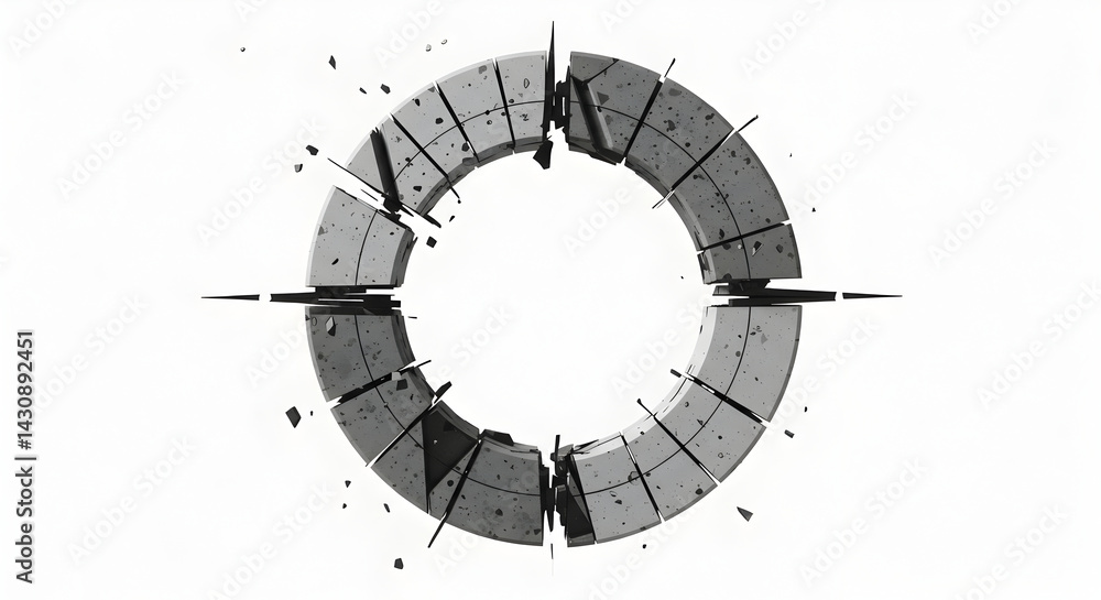 Naklejka premium Exploding Concrete Circle Destruction Design With Chaotic Flying Fragments