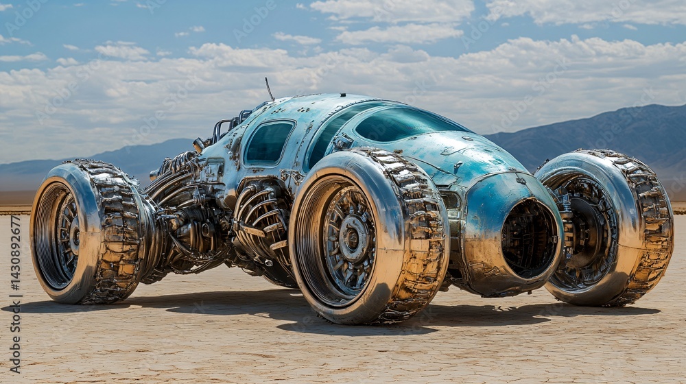 crazy futuristic car in the desert, post-apocalyptic 4x4 off road vehicle