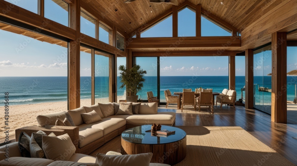 Fototapeta premium Oceanfront living room, luxury home, tropical beach view, sunny day, relaxing interior