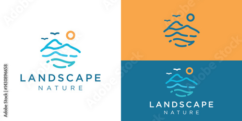 Simple landscape nature logo template. Abstract mountain with line art style logo design vector illustration.