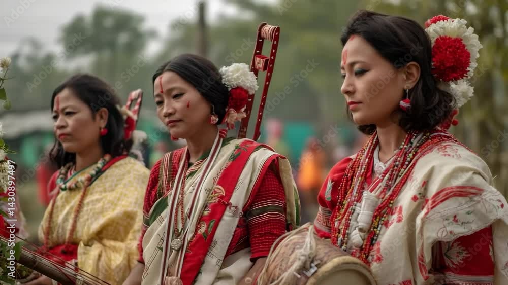 Indigenous women in traditional Assamese attire perform with musical ...