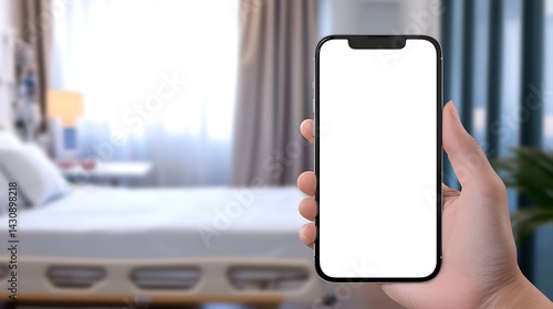 Hand Holding Smartphone with Blank Screen in Hospital Room