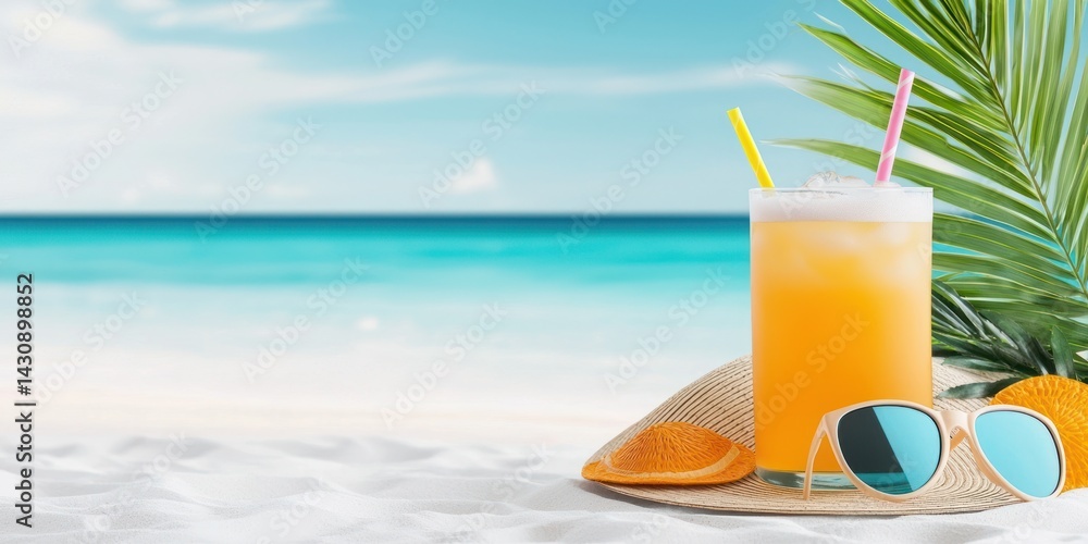 Obraz premium Tropical Beach Drink With Sunglasses And Hat