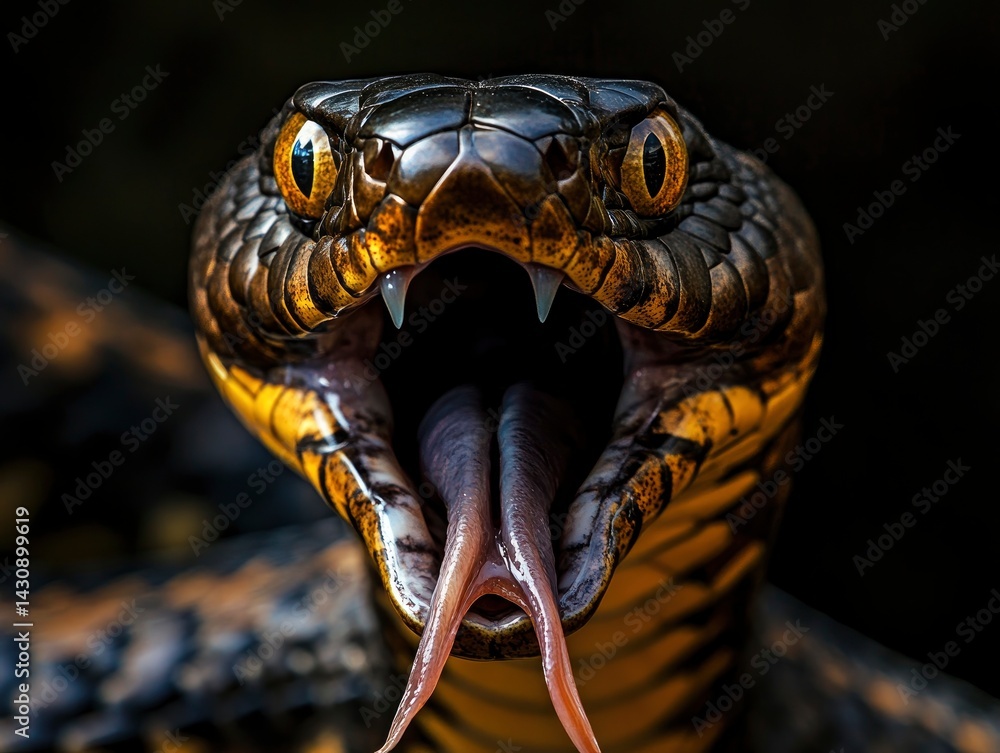 Naklejka premium A striking close-up of a cobra with its hood fully expanded and mouth wide open, displaying its sharp teeth
