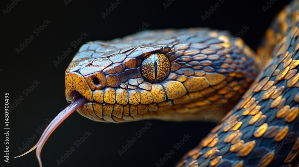 A stunning close-up of a snake's head, its scales reflecting light in intricate patterns A stunning close-up of a snake's head, its scales reflecting light in intricate patterns