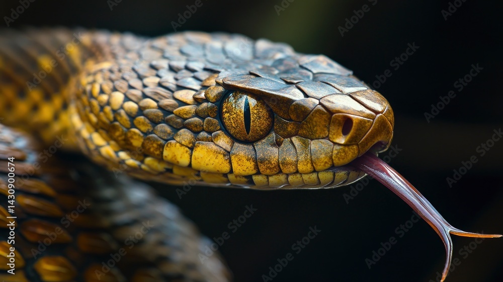 A stunning close-up of a snake's head, its scales reflecting light in intricate patterns A stunning close-up of a snake's head, its scales reflecting light in intricate patterns