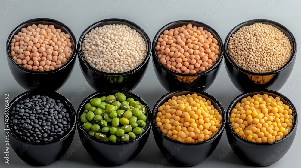 Row of bowls filled with different colored beans and nuts. The bowls are arranged in a row, with the first bowl on the left and the last on the right. The colors of the beans and nuts vary Row of bowls filled with different colored beans and nuts. The bowls are arranged in a row, with the first bowl on the left and the last on the right. The colors of the beans and nuts vary