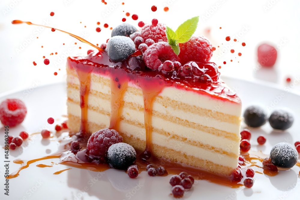 Delicious piece of cake with berries and caramel splashing