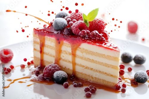 Obraz na płótnie Delicious piece of cake with berries and caramel splashing w salonie