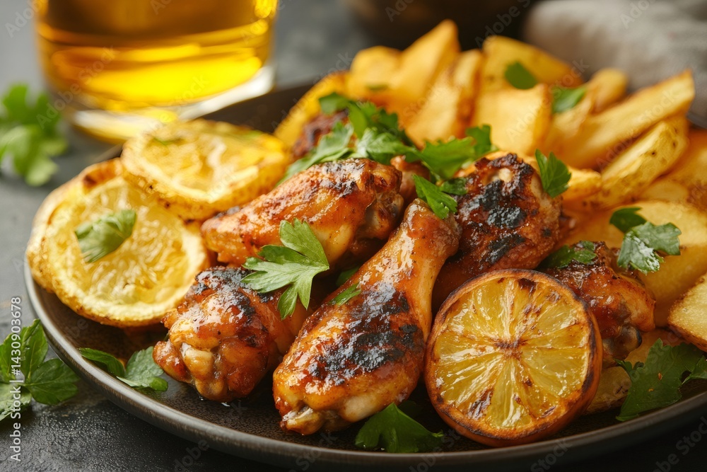 Grilled chicken wings with roasted potatoes and lemon slices served on a plate with beer