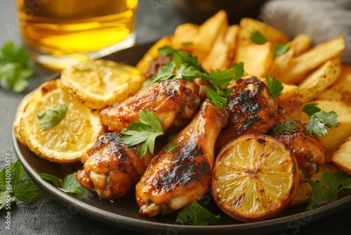 Obraz na płótnie Grilled chicken wings with roasted potatoes and lemon slices served on a plate with beer w salonie