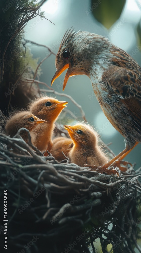 Obraz premium Mother bird feeding her three chicks in a nest.