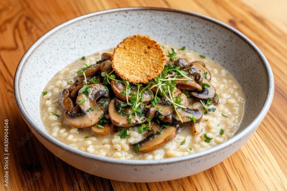 Creamy mushroom risotto with microgreens and crispy garnish in bowl