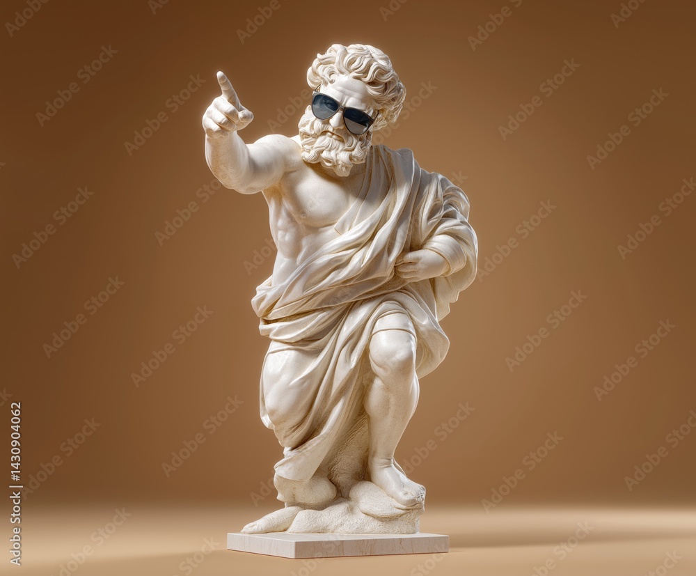 Fototapeta premium Classic white marble statue of Zeus, wearing cool mirrored sunglasses, pointing up