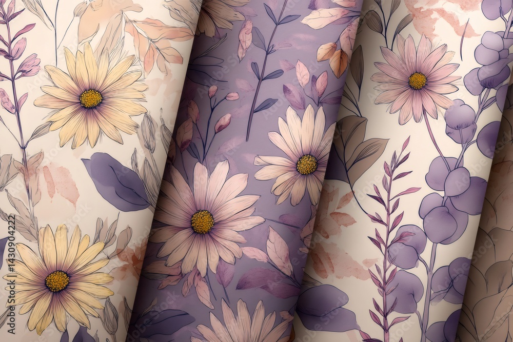 Seamless floral patterns showing pastel toned daisies and eucalyptus leaves