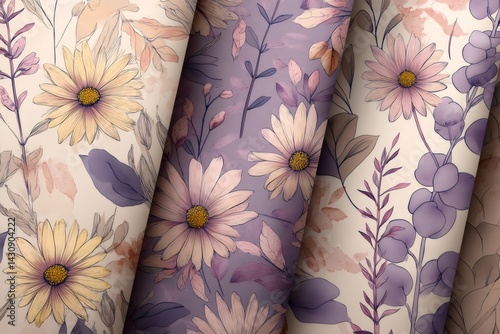 Obraz na płótnie Seamless floral patterns showing pastel toned daisies and eucalyptus leaves w salonie