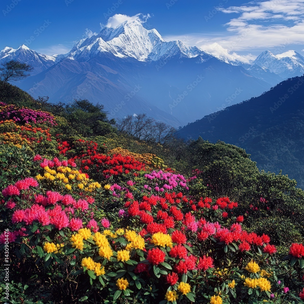 Vibrant rhododendron blooms cascading down a mountain slope, snow-capped peaks in the background Vibrant rhododendron blooms cascading down a mountain slope, snow-capped peaks in the background
