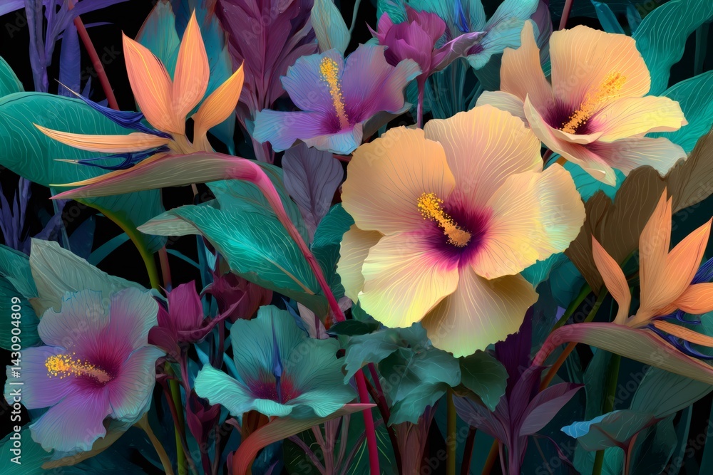 Colorful tropical flowers and plants creating a vibrant floral arrangement