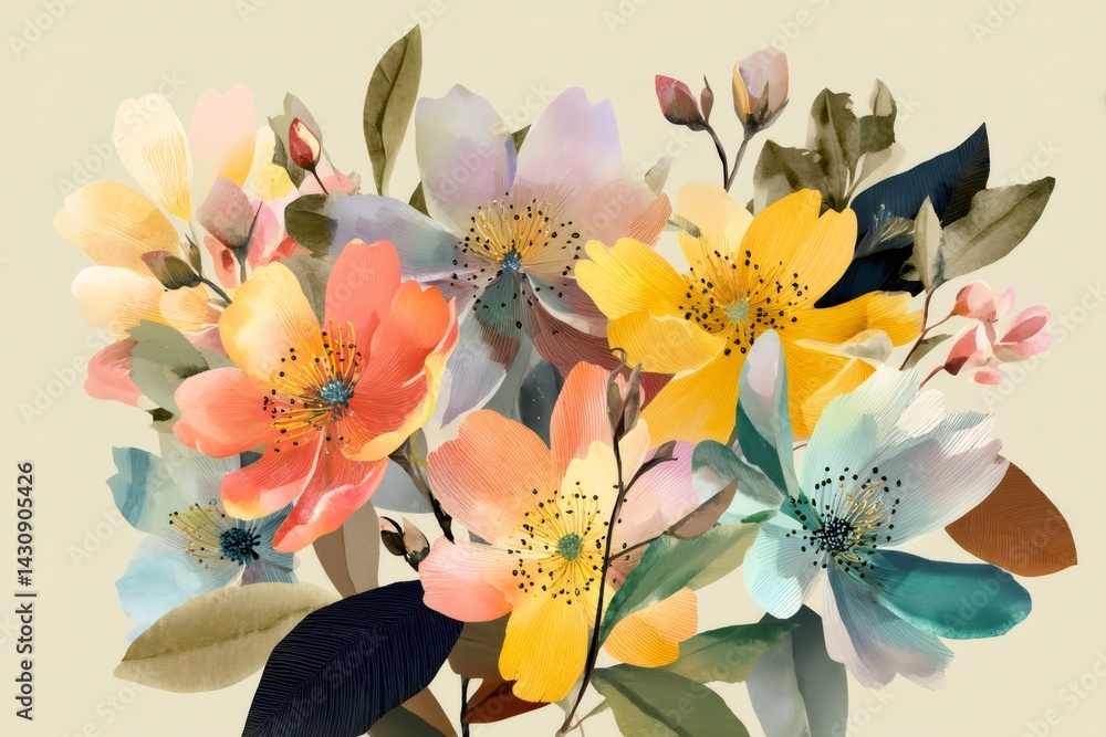 Colorful watercolor flowers blooming gently on light yellow background