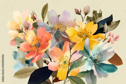 Colorful watercolor flowers blooming gently on light yellow background