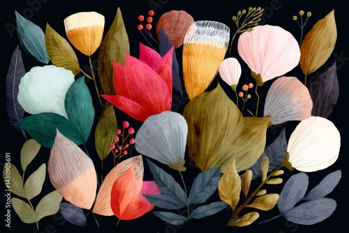 Obraz na płótnie Colorful flowers and leaves creating a stunning floral arrangement on black background w salonie