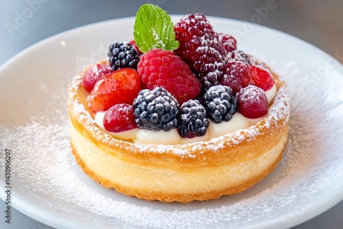 Delicious fruit tart with whipped cream and icing sugar on white plate