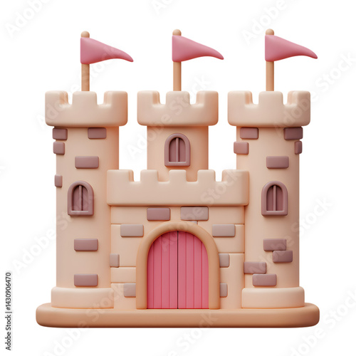 Whimsical cartoon castle with pink flags