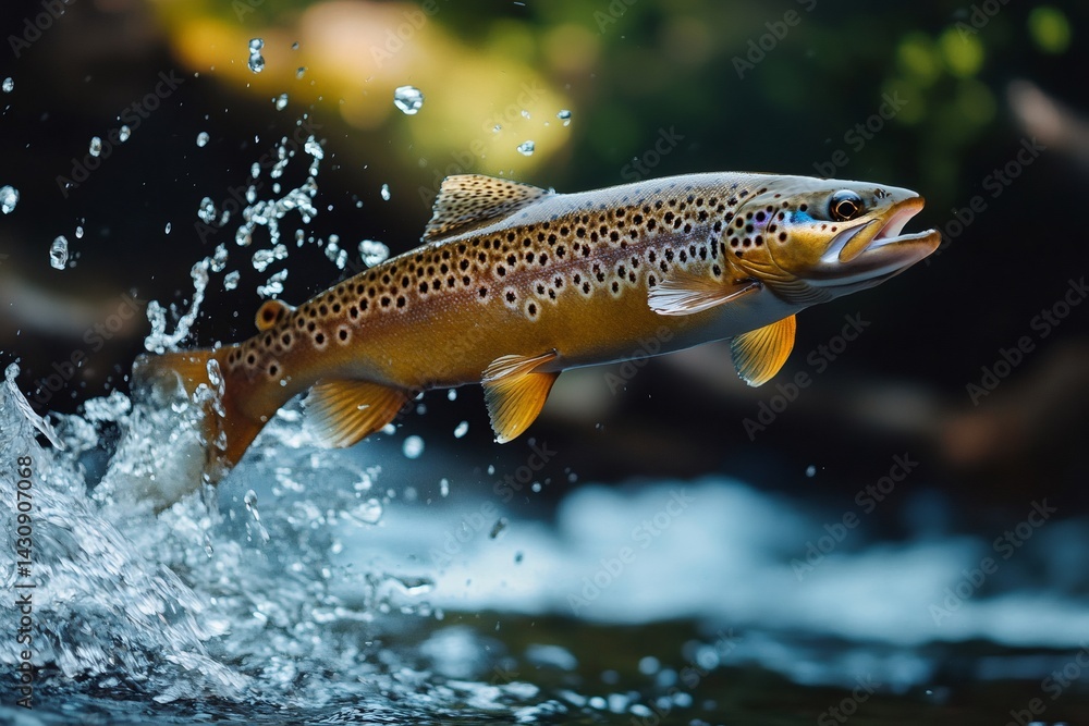 Brown trout jumping and splashing in a river, fishing and wildlife
