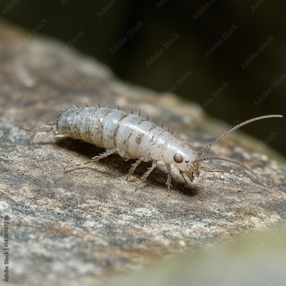 Close-up of a tiny, light-gray insect on a rock Close-up of a tiny, light-gray insect on a rock