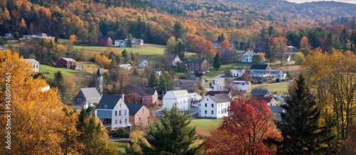 Scenic Vermont village in autumn colors, displaying rural charm and peaceful neighborhood atmosphere