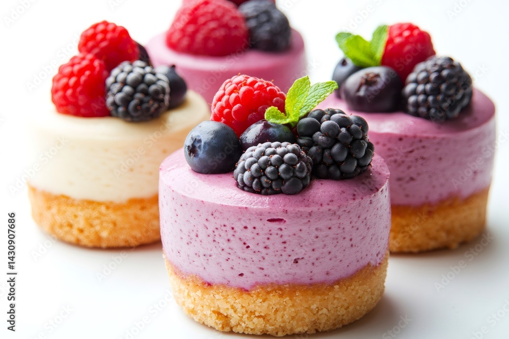 Delicious mini cheesecakes decorated with fresh berries and mint leaves